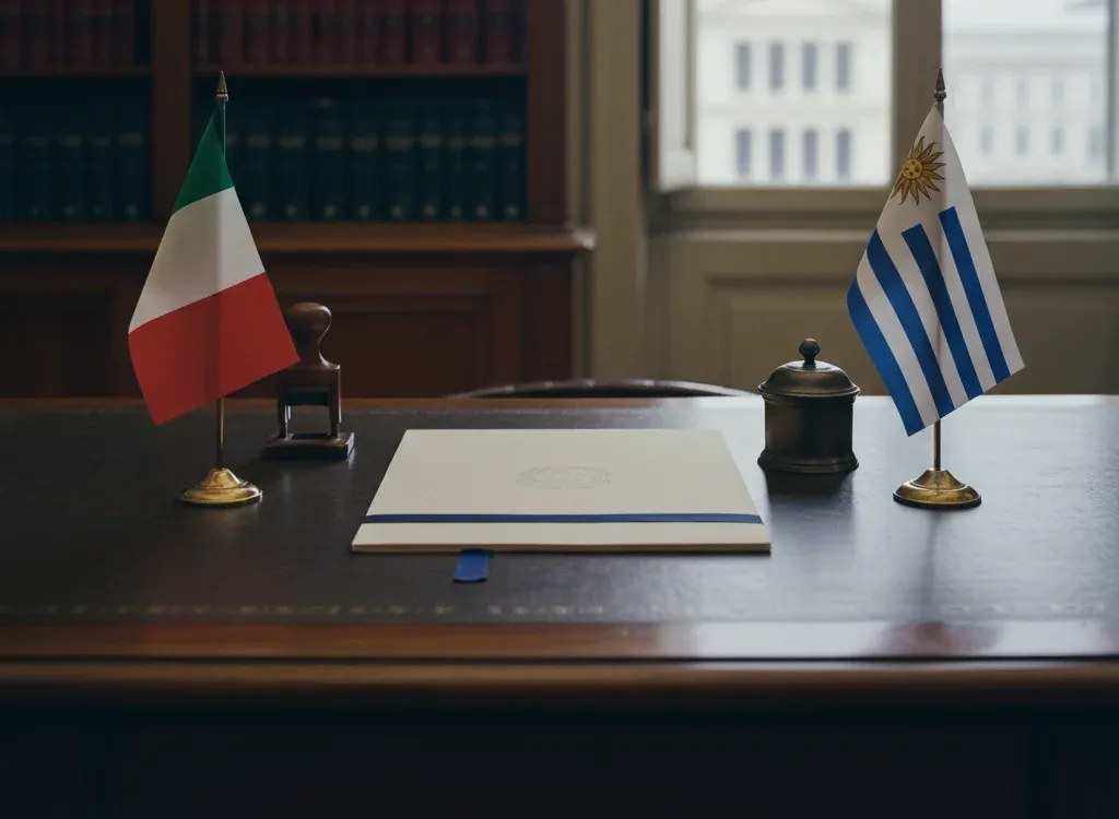Codice fiscale italiano per cittadini nati in Uruguay — scena d'archivio istituzionale con bandiere Uruguay e Italia, codice catastale Z613