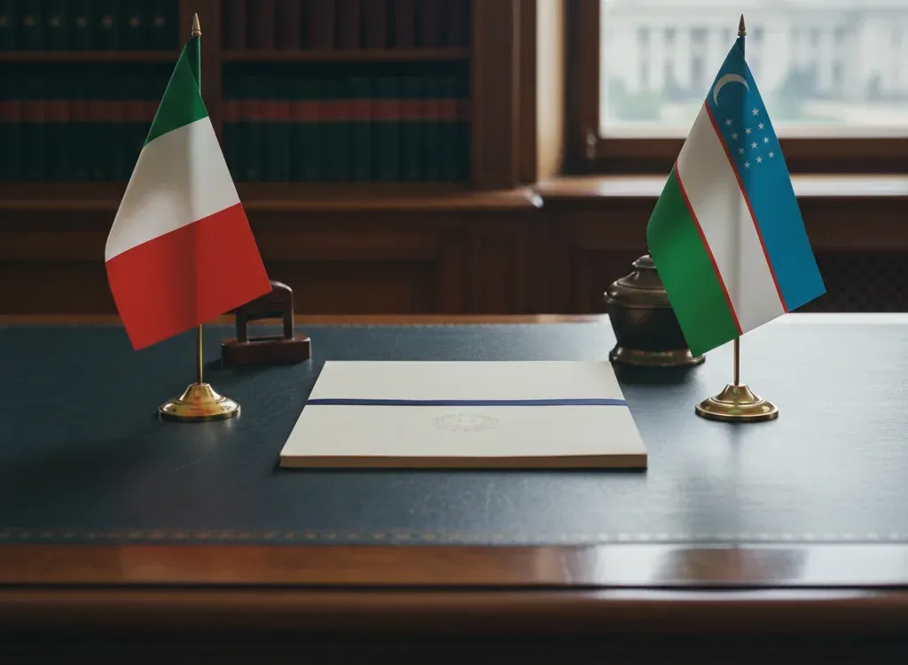 Codice fiscale italiano per cittadini nati in Uzbekistan — scena d'archivio istituzionale con bandiere Uzbekistan e Italia, codice catastale Z259