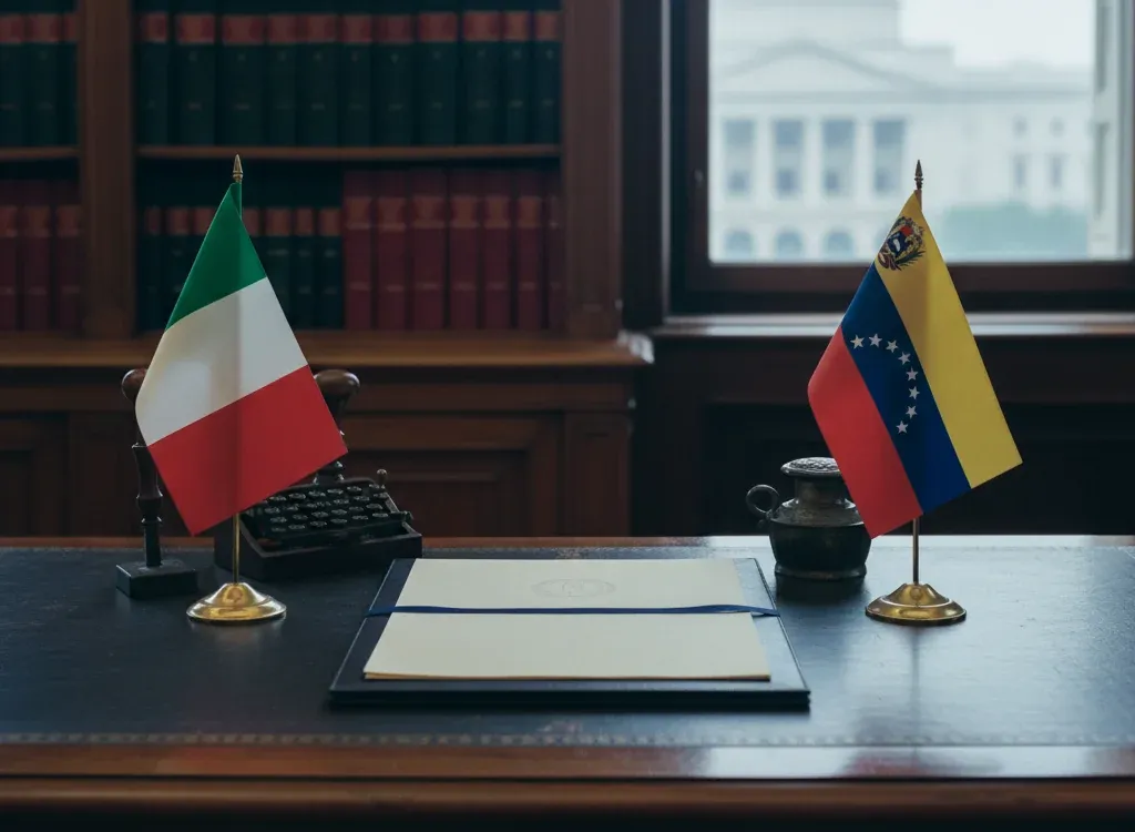 Codice fiscale italiano per cittadini nati in Venezuela — scena d'archivio istituzionale con bandiere Venezuela e Italia, codice catastale Z614