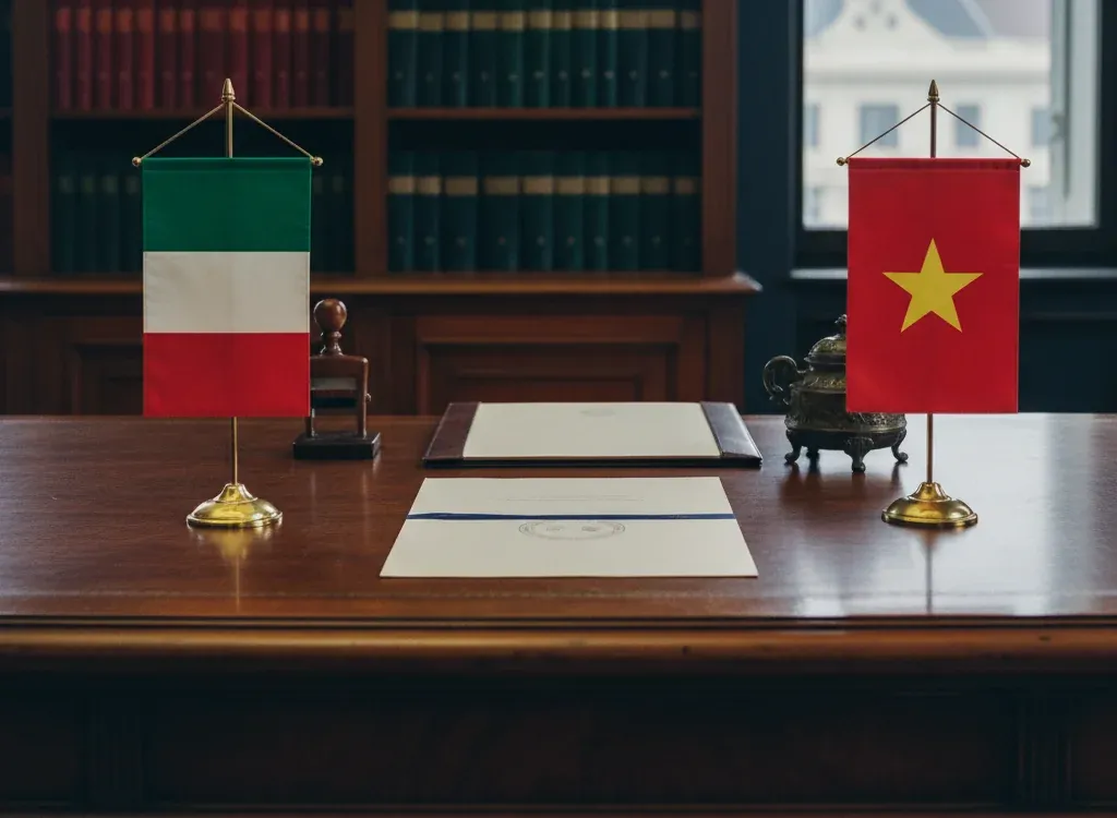 Codice fiscale italiano per cittadini nati in Vietnam — scena d'archivio istituzionale con bandiere Vietnam e Italia, codice catastale Z251